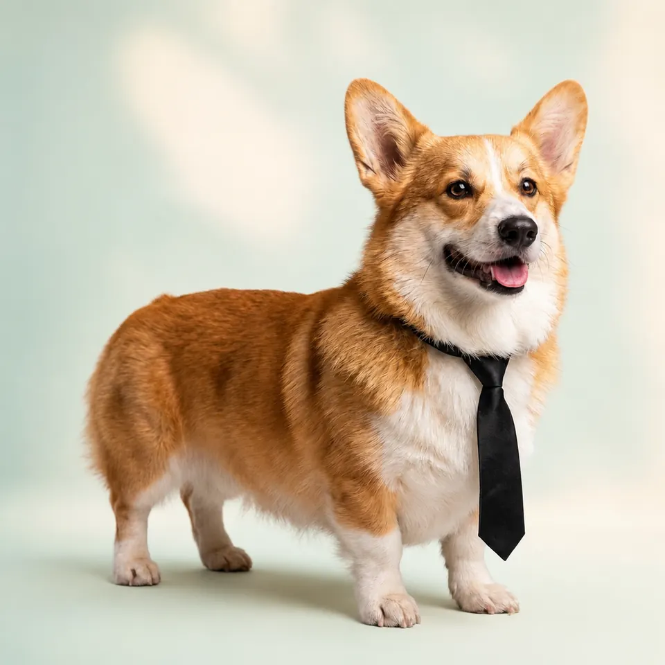 Bori, the CorgiTalk Welsh corgi guide, wearing a black tie